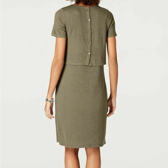 New J. Jill layered jersey knit button back dress english moss with pockets - Picture 2 of 10